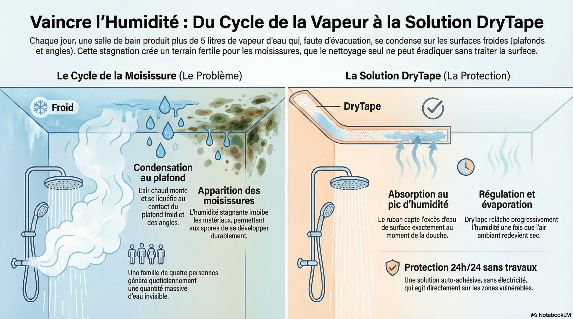 Vaincre l'humidité : du cycle de la vapeur à la solution DrySponge – infographie explicative