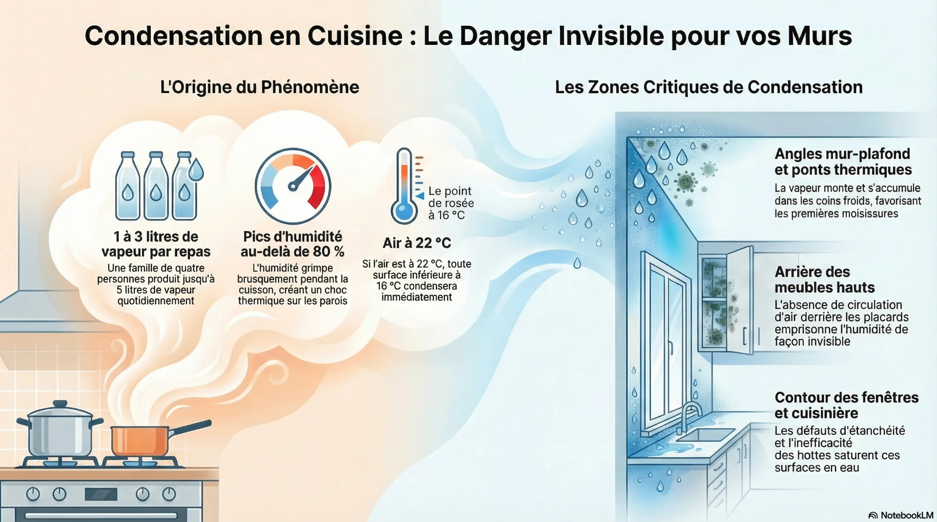 Condensation en cuisine : le danger invisible pour vos murs – 1 à 3 litres de vapeur par repas, pics d'humidité au-delà de 80%, zones critiques de condensation