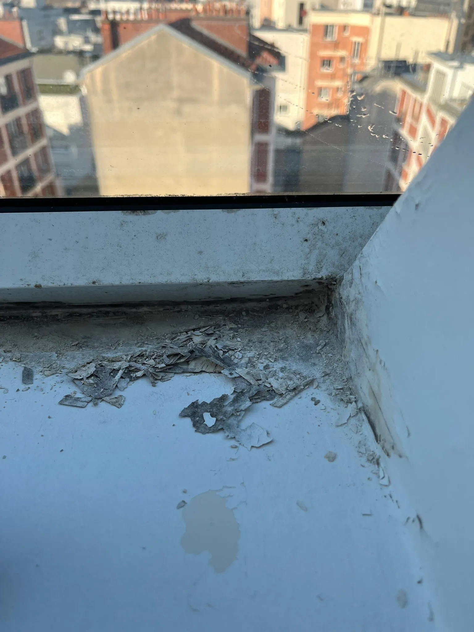 Dégâts d'humidité sur appui de fenêtre proche toiture – avant installation